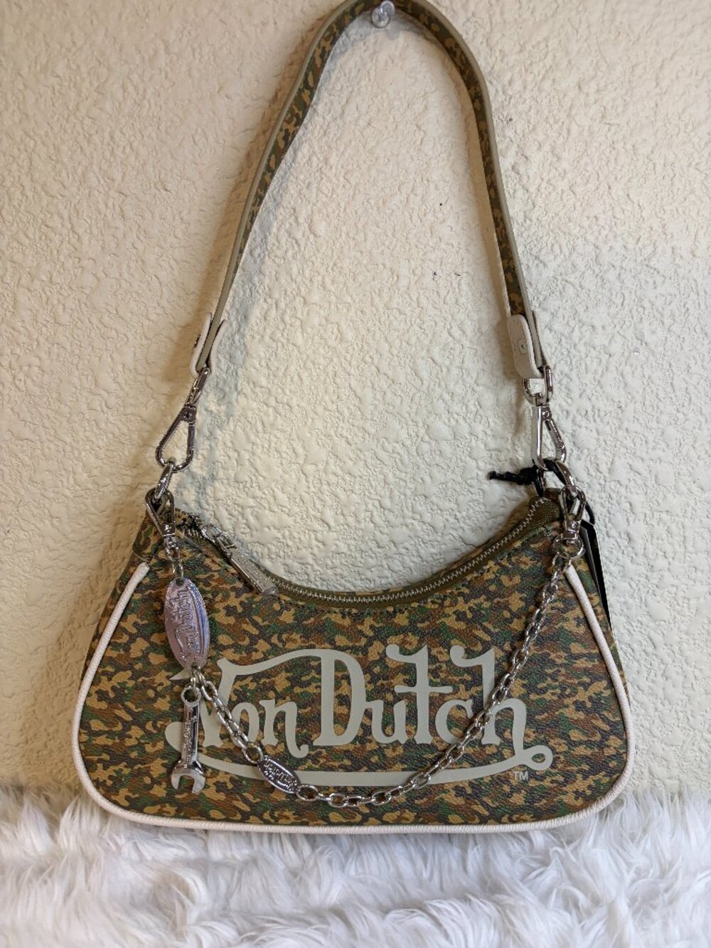 Von Dutch Camo Shoulder Bag Large Canvas Baguette Purse NWT